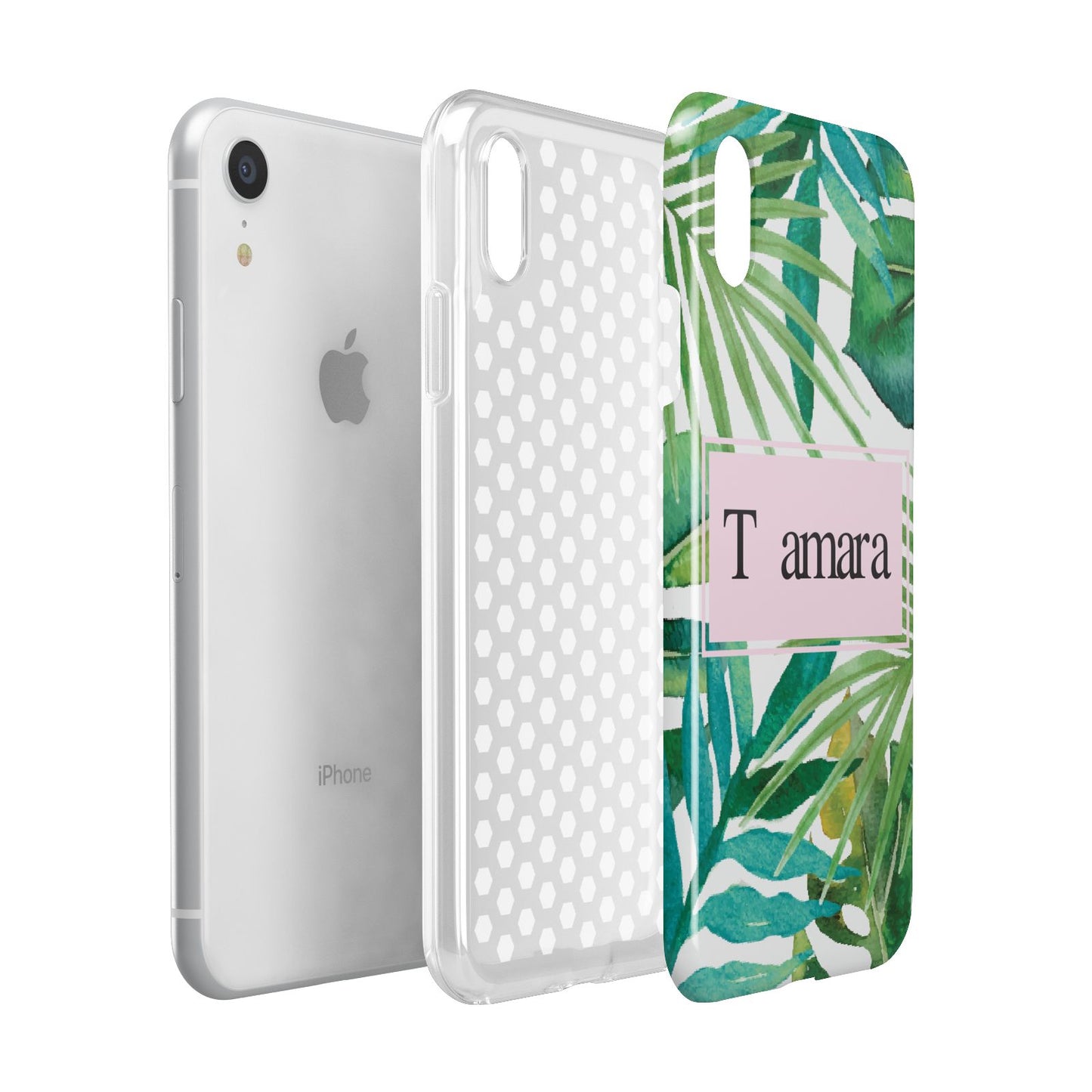 Personalised Tropical Leaf Pink Name Apple iPhone XR White 3D Tough Case Expanded view