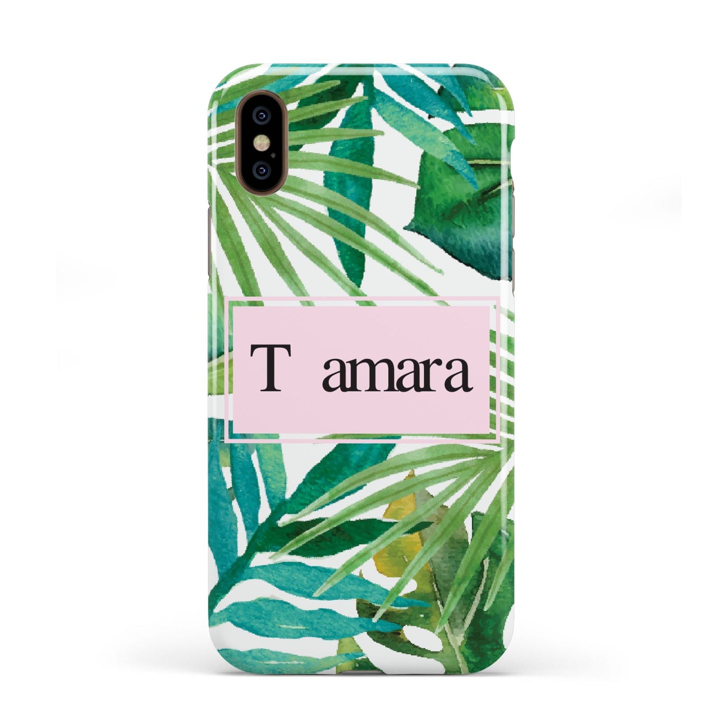 Personalised Tropical Leaf Pink Name Apple iPhone XS 3D Tough