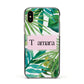 Personalised Tropical Leaf Pink Name Apple iPhone Xs Impact Case Black Edge on Gold Phone