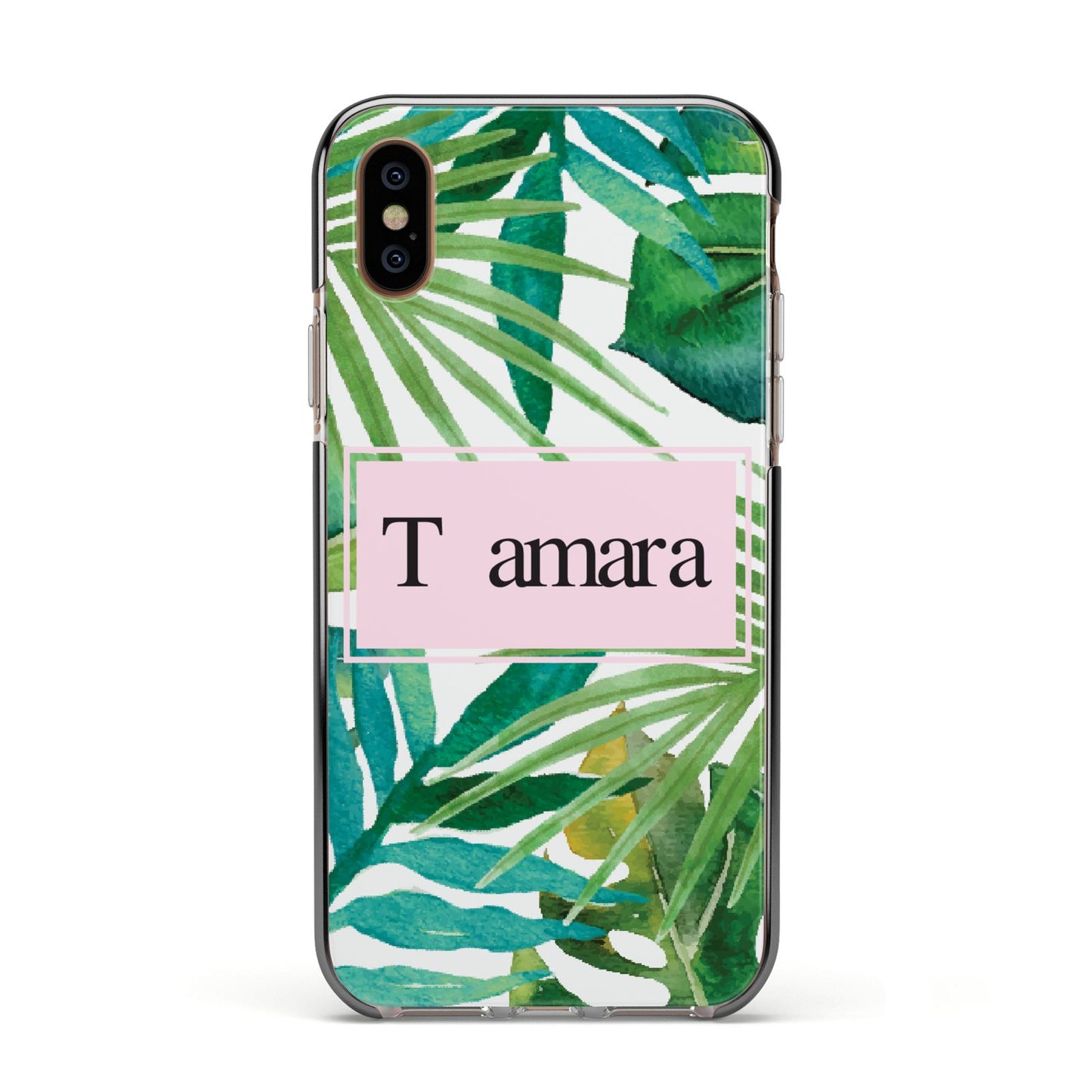 Personalised Tropical Leaf Pink Name Apple iPhone Xs Impact Case Black Edge on Gold Phone