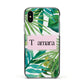 Personalised Tropical Leaf Pink Name Apple iPhone Xs Impact Case Black Edge on Silver Phone