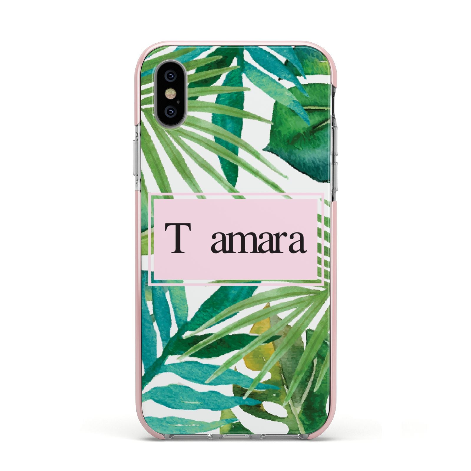 Personalised Tropical Leaf Pink Name Apple iPhone Xs Impact Case Pink Edge on Silver Phone