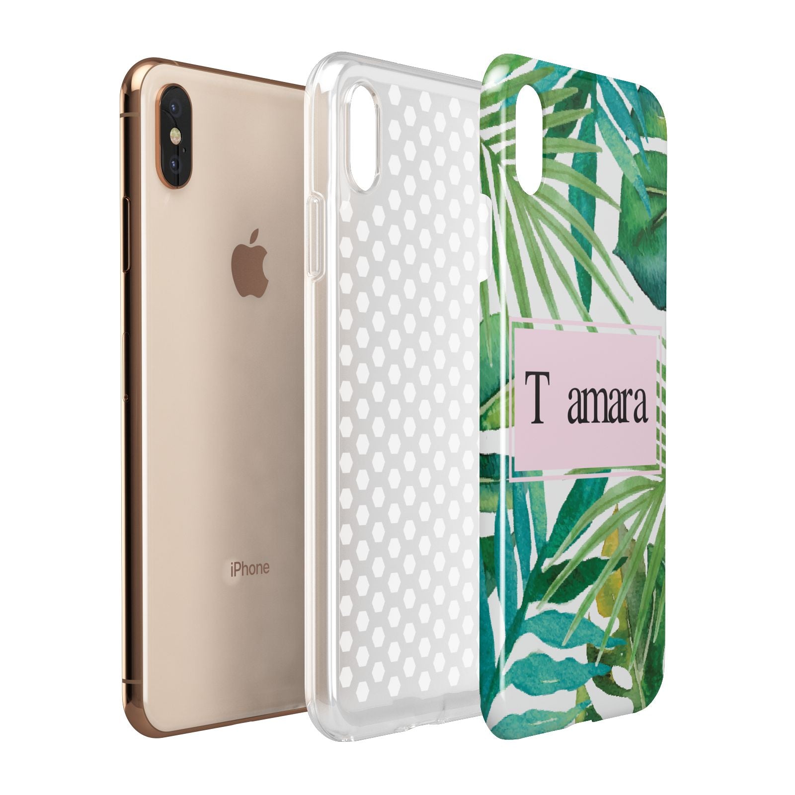 Personalised Tropical Leaf Pink Name Apple iPhone Xs Max 3D Tough Case Expanded View