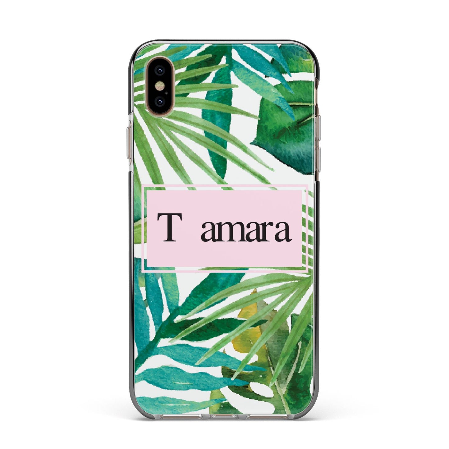 Personalised Tropical Leaf Pink Name Apple iPhone Xs Max Impact Case Black Edge on Gold Phone