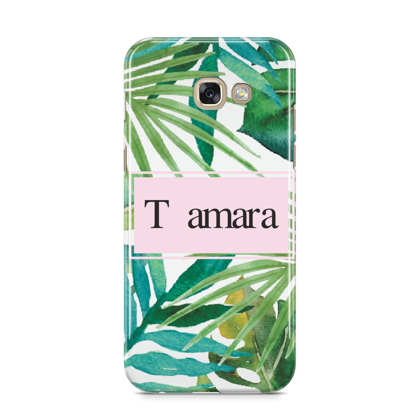 Personalised Tropical Leaf Pink Name Samsung Galaxy A5 2017 Case on gold phone