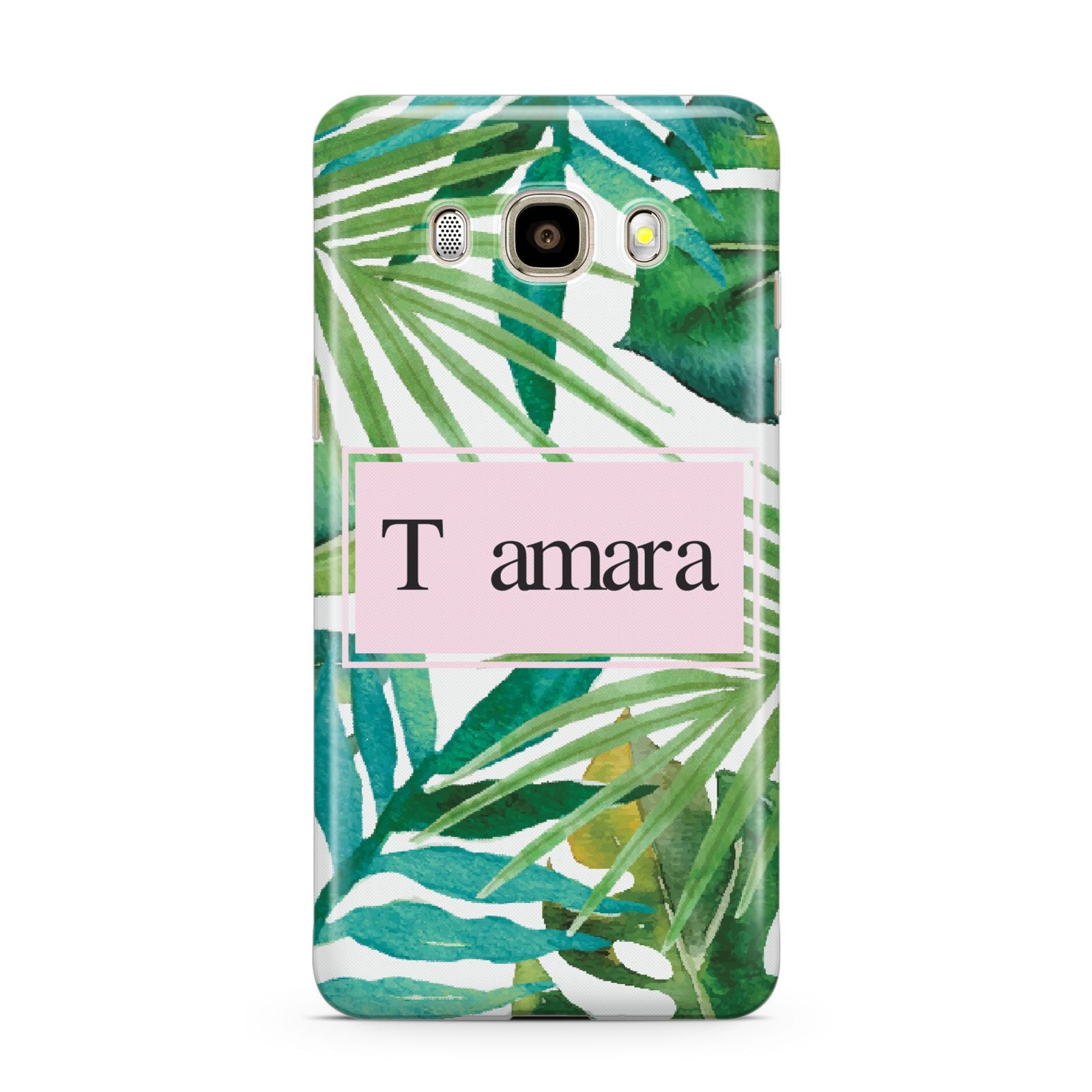 Personalised Tropical Leaf Pink Name Samsung Galaxy J7 2016 Case on gold phone