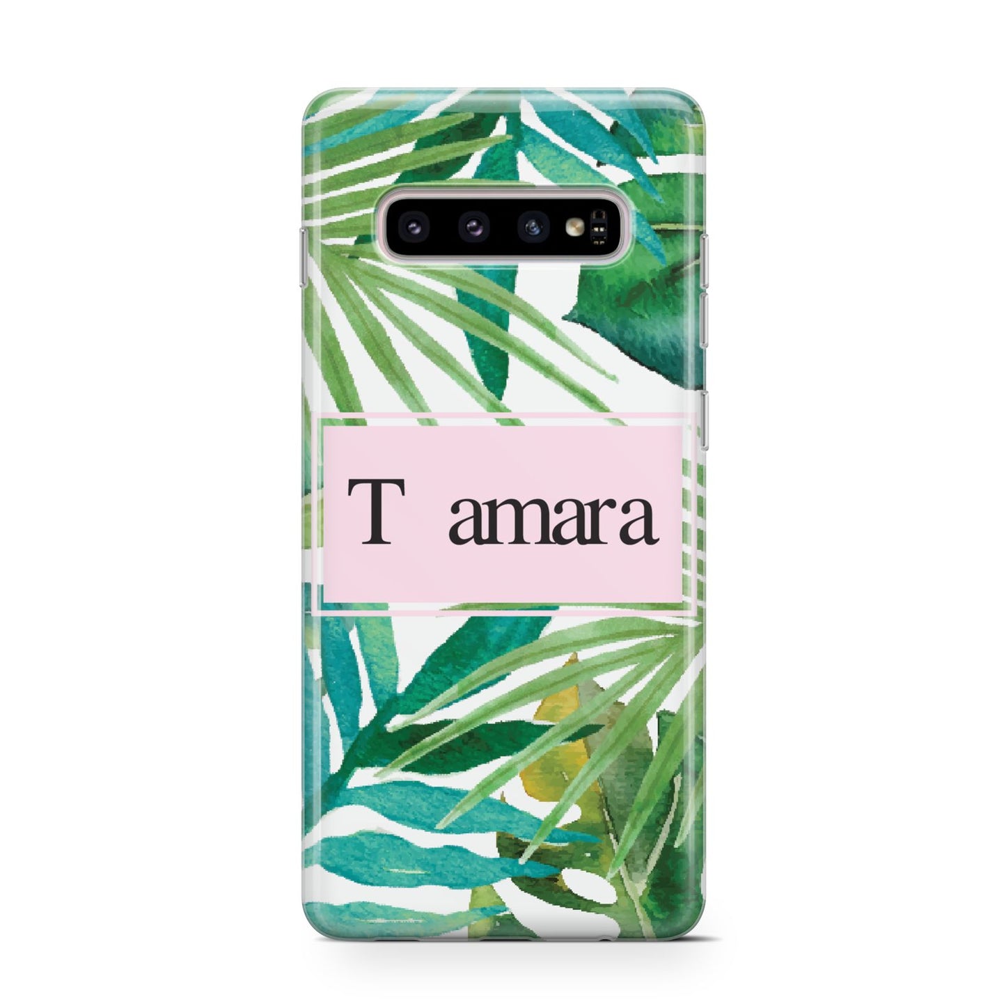 Personalised Tropical Leaf Pink Name Samsung Galaxy S10 Case