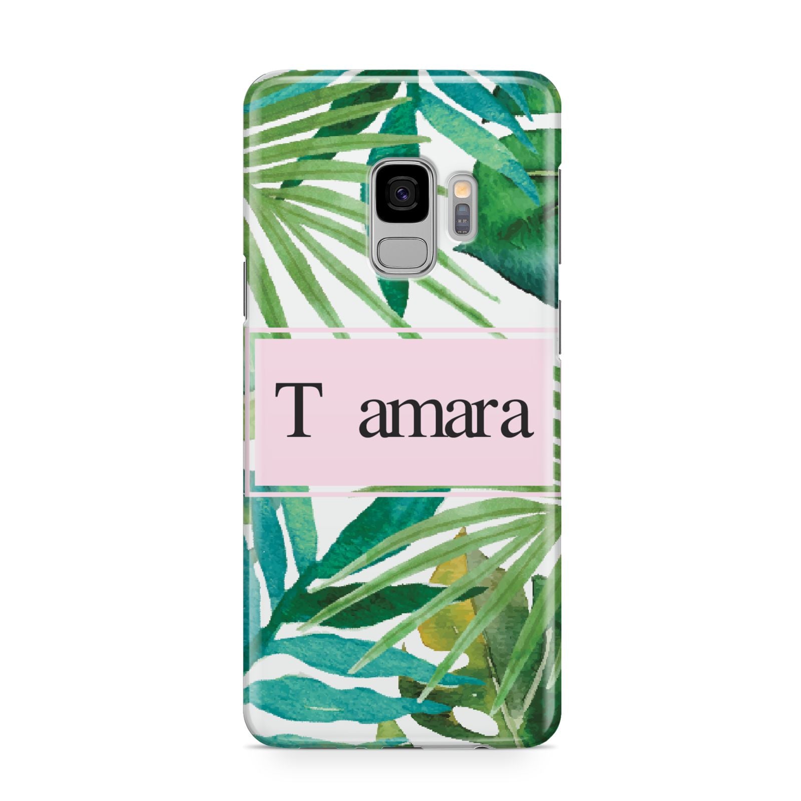 Personalised Tropical Leaf Pink Name Samsung Galaxy S9 Case
