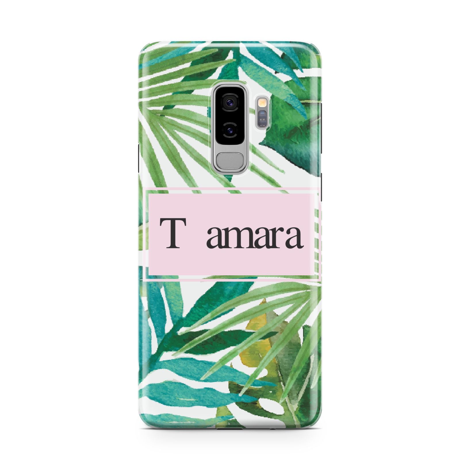 Personalised Tropical Leaf Pink Name Samsung Galaxy S9 Plus Case on Silver phone