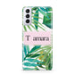 Personalised Tropical Leaf Pink Name Samsung S21 Plus Phone Case
