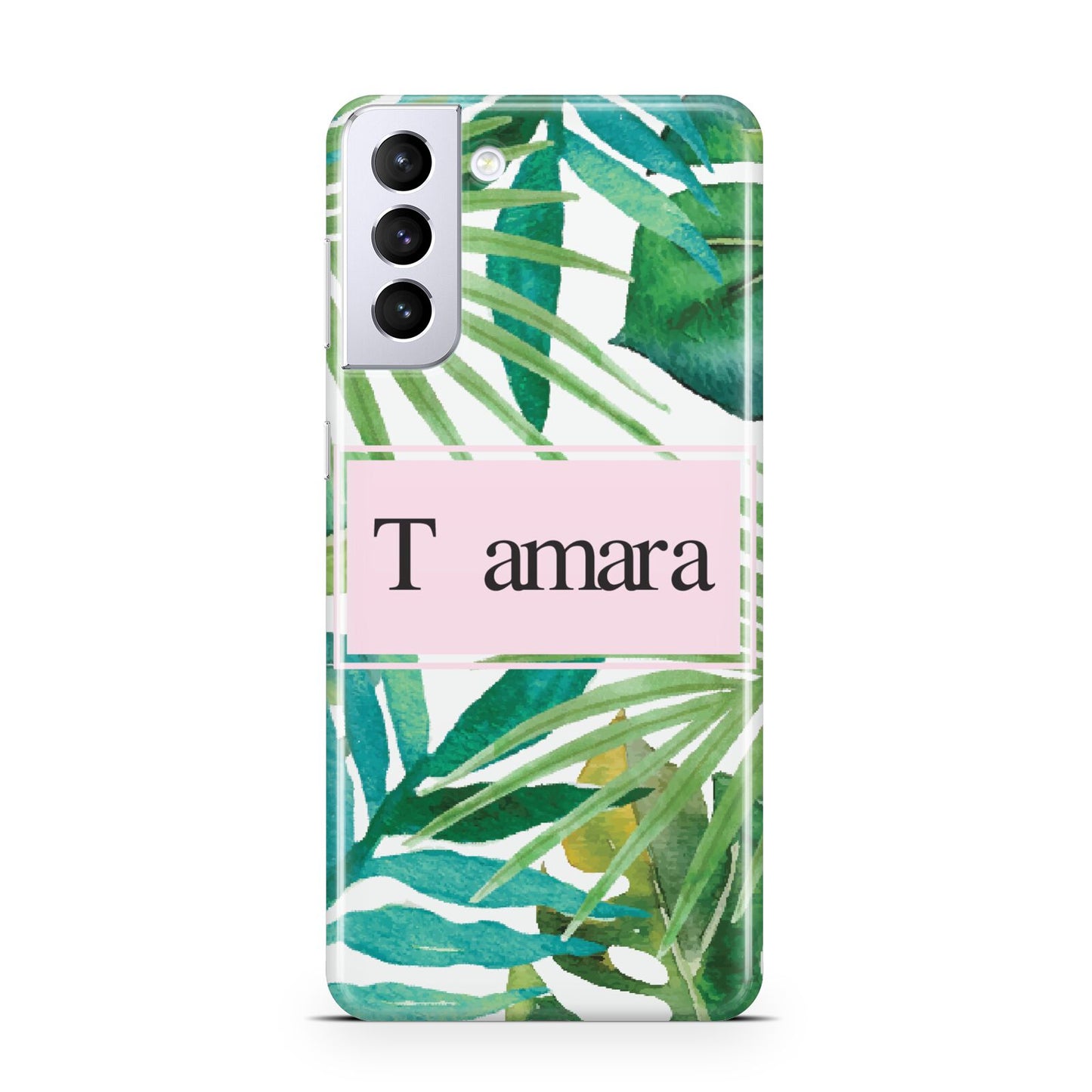 Personalised Tropical Leaf Pink Name Samsung S21 Plus Phone Case