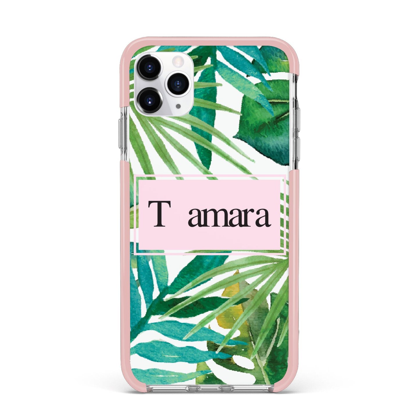 Personalised Tropical Leaf Pink Name iPhone 11 Pro Max Impact Pink Edge Case