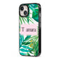 Personalised Tropical Leaf Pink Name iPhone 13 Black Impact Case Side Angle on Silver phone
