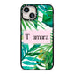 Personalised Tropical Leaf Pink Name iPhone 13 Black Impact Case on Silver phone