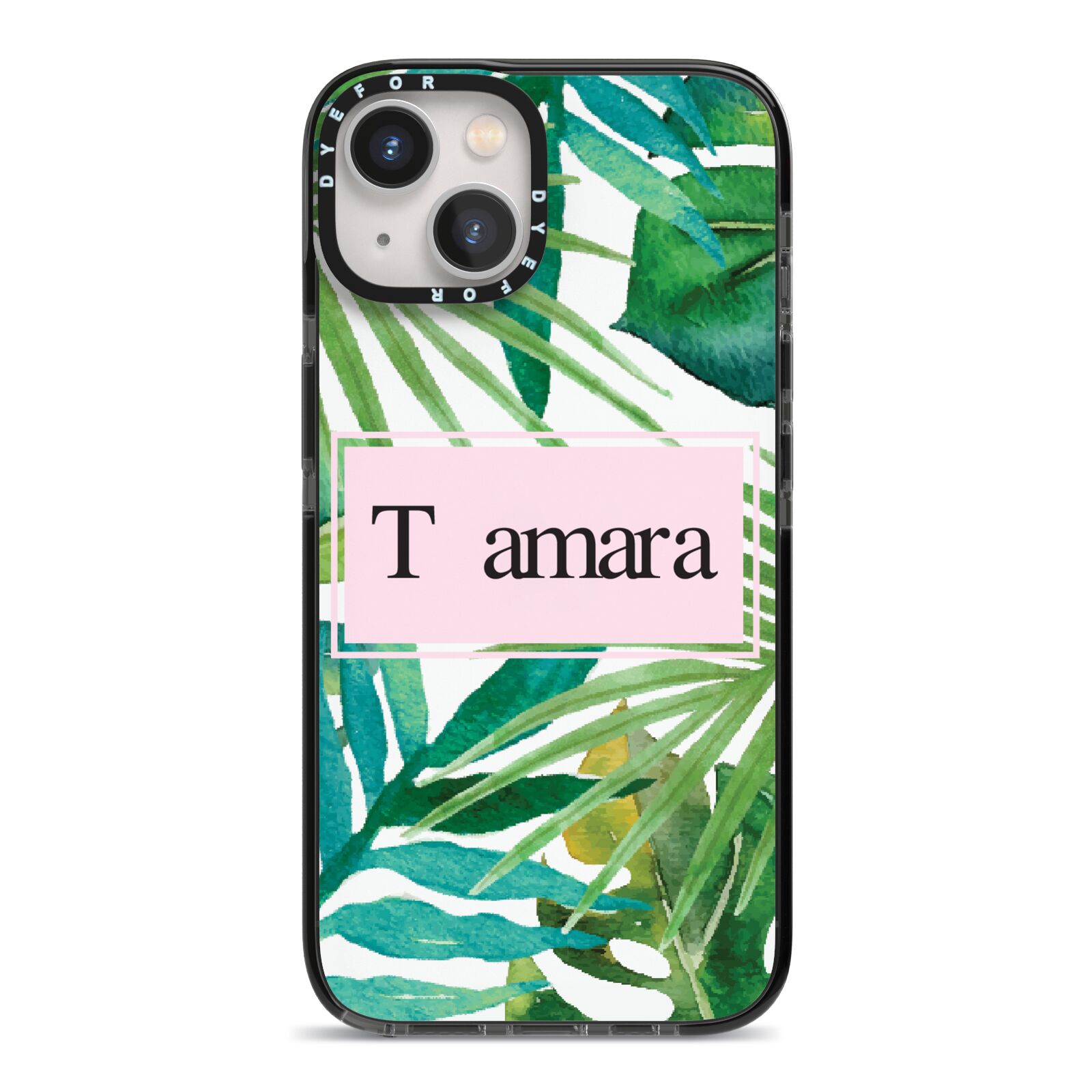 Personalised Tropical Leaf Pink Name iPhone 13 Black Impact Case on Silver phone