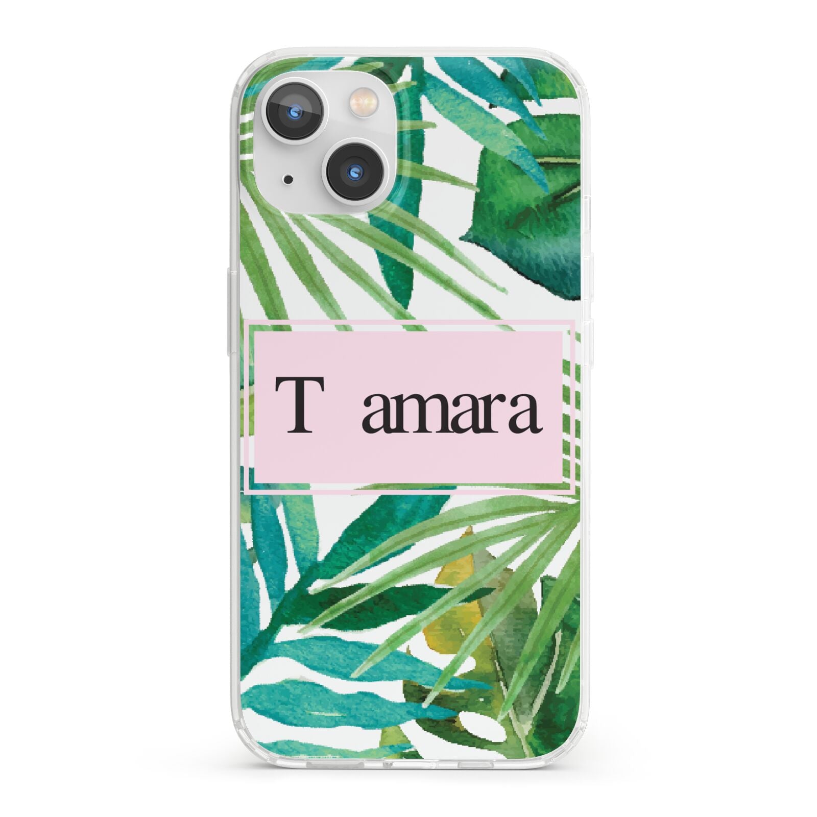 Personalised Tropical Leaf Pink Name iPhone 13 Clear Bumper Case