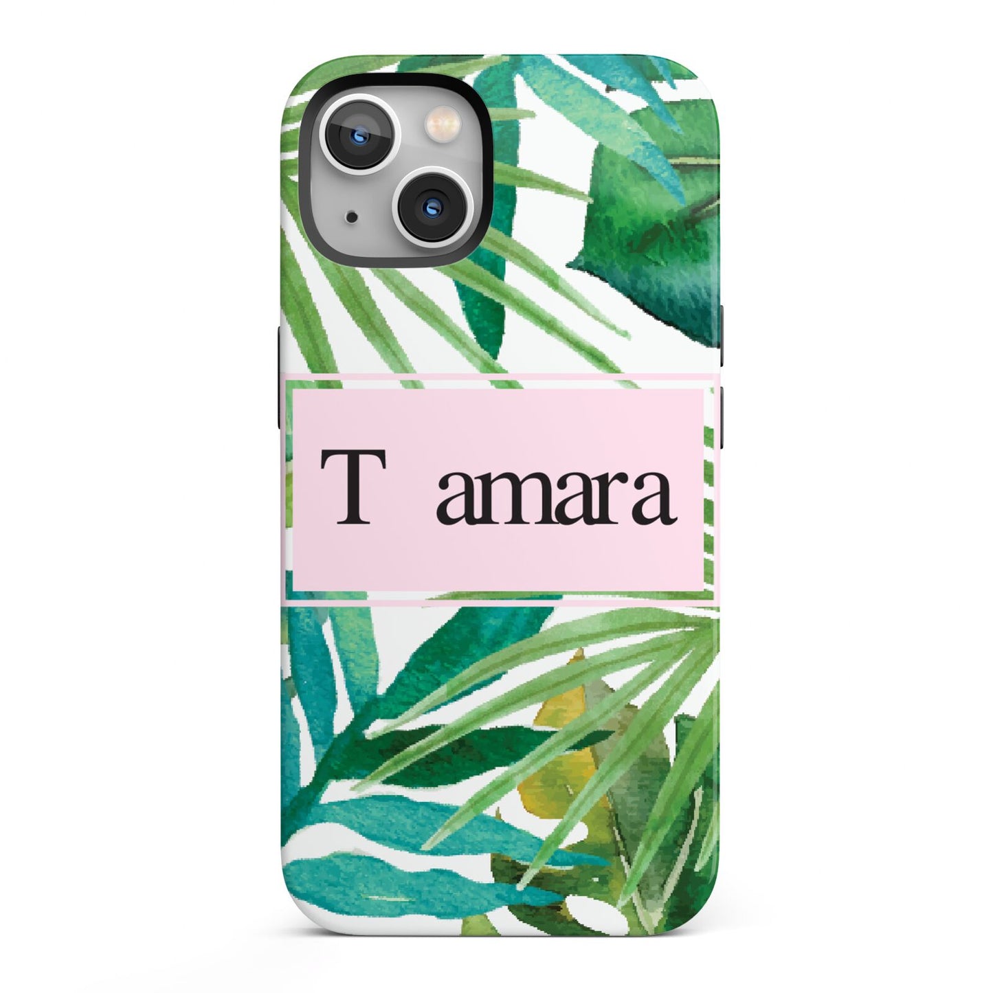 Personalised Tropical Leaf Pink Name iPhone 13 Full Wrap 3D Tough Case