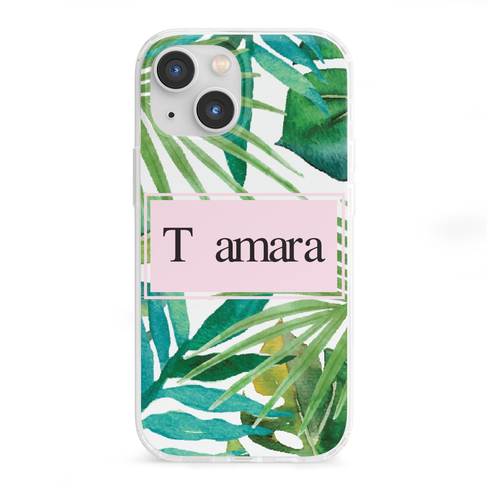 Personalised Tropical Leaf Pink Name iPhone 13 Mini Clear Bumper Case
