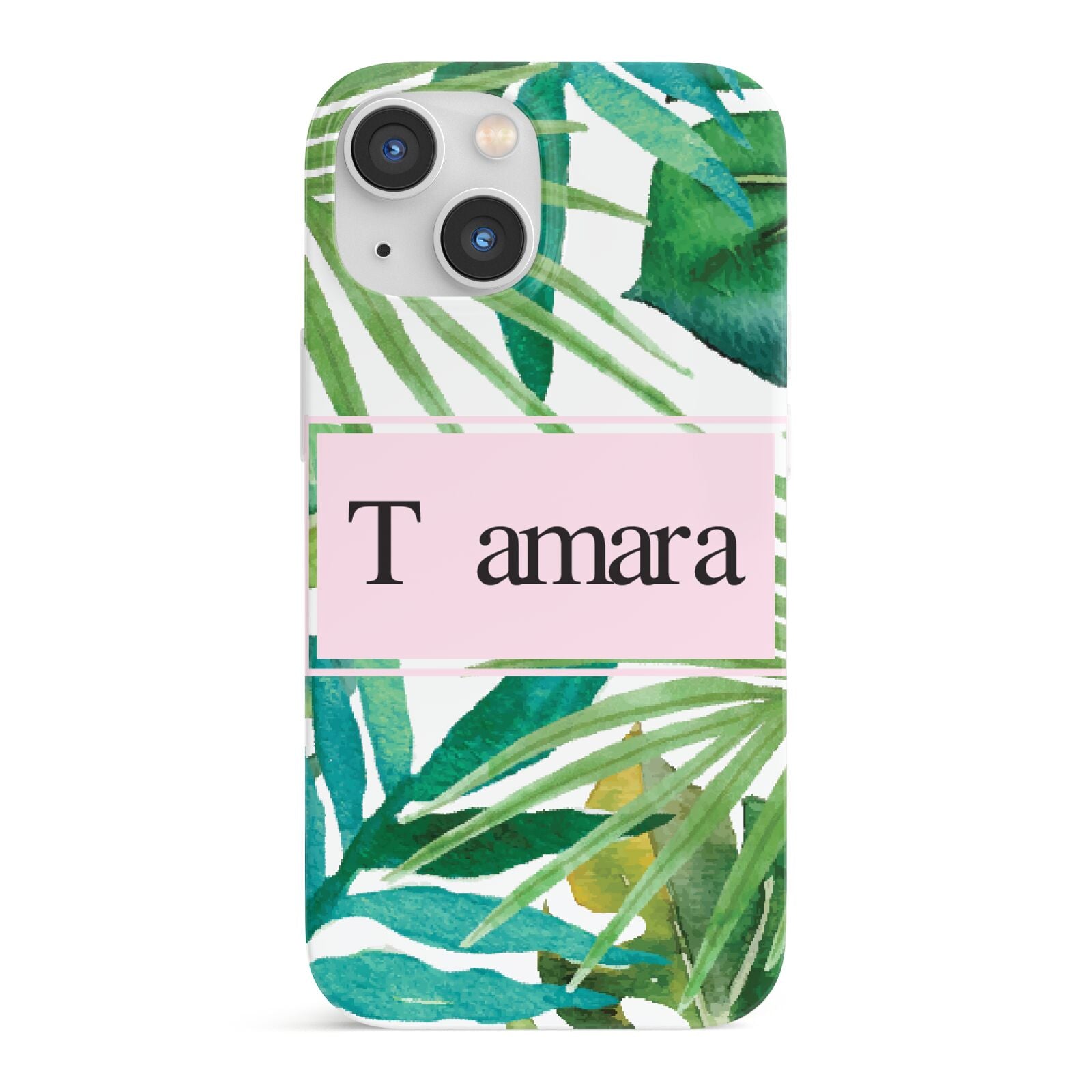 Personalised Tropical Leaf Pink Name iPhone 13 Mini Full Wrap 3D Snap Case
