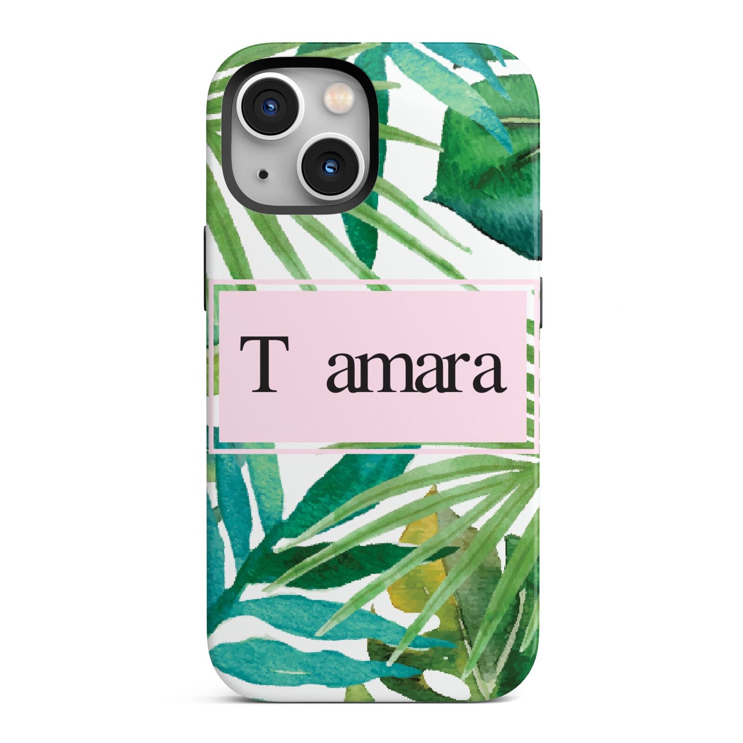 Personalised Tropical Leaf Pink Name iPhone 13 Mini Full Wrap 3D Tough Case
