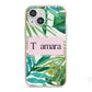 Personalised Tropical Leaf Pink Name iPhone 13 Mini TPU Impact Case with Pink Edges