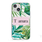 Personalised Tropical Leaf Pink Name iPhone 13 Mini TPU Impact Case with White Edges