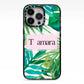 Personalised Tropical Leaf Pink Name iPhone 13 Pro Black Impact Case on Silver phone