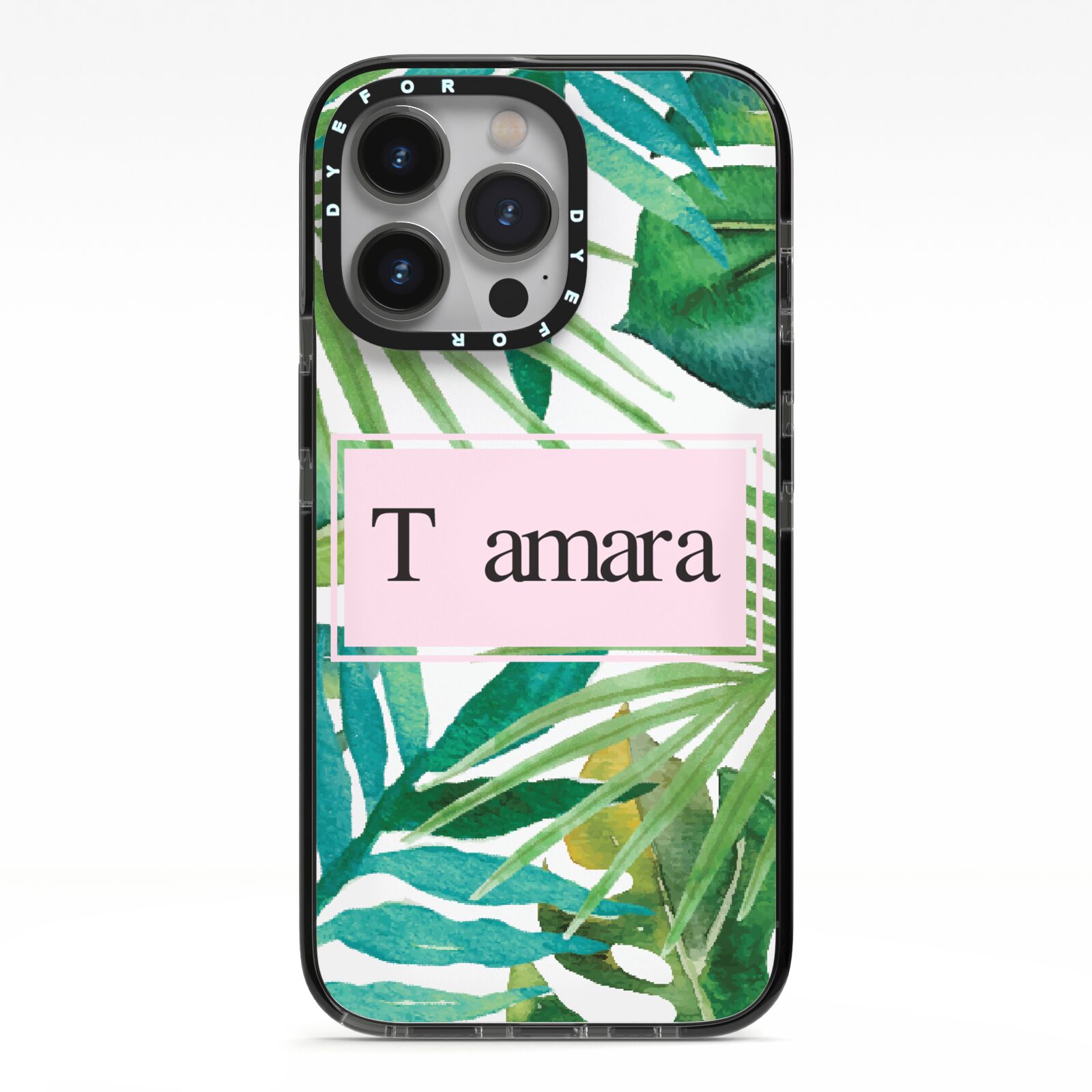 Personalised Tropical Leaf Pink Name iPhone 13 Pro Black Impact Case on Silver phone
