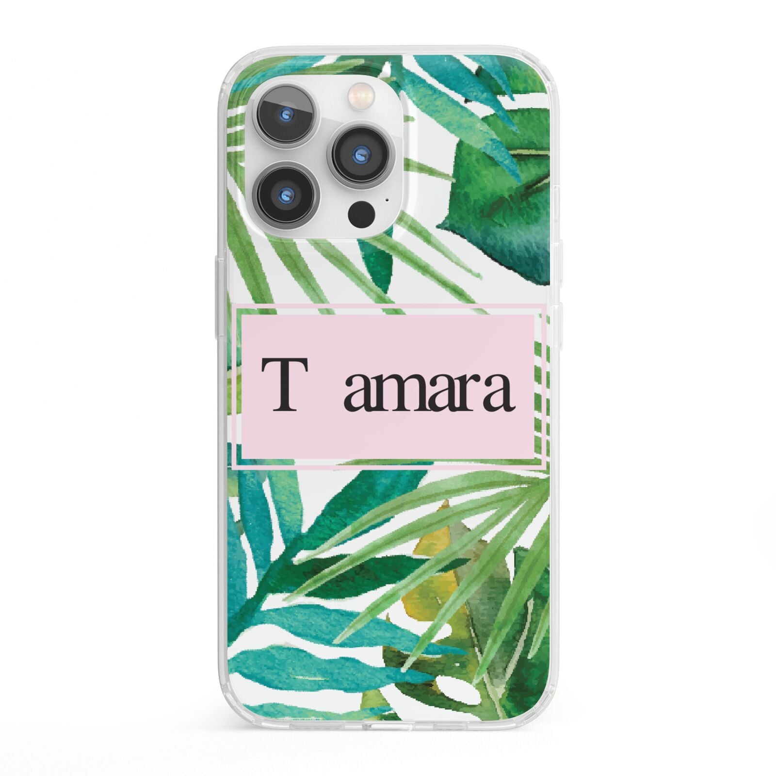 Personalised Tropical Leaf Pink Name iPhone 13 Pro Clear Bumper Case