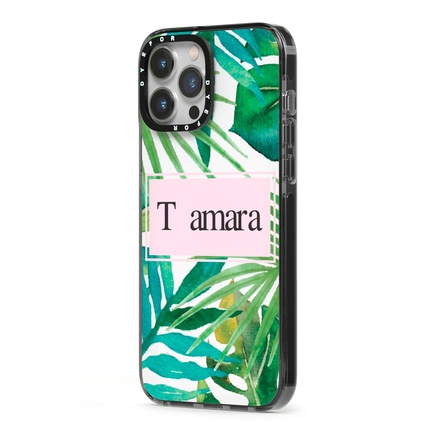Personalised Tropical Leaf Pink Name iPhone 13 Pro Max Black Impact Case Side Angle on Silver phone