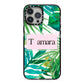 Personalised Tropical Leaf Pink Name iPhone 13 Pro Max Black Impact Case on Silver phone
