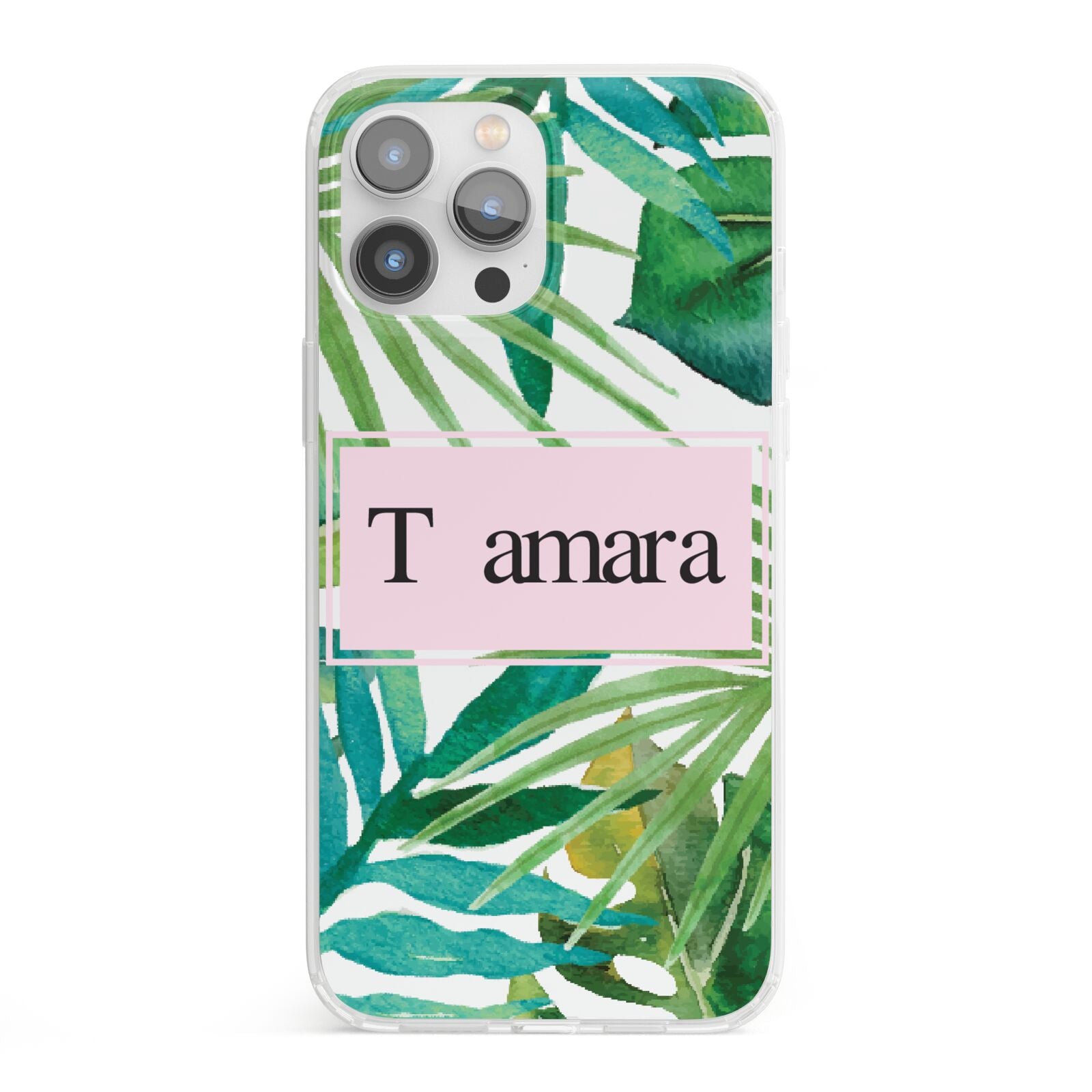 Personalised Tropical Leaf Pink Name iPhone 13 Pro Max Clear Bumper Case