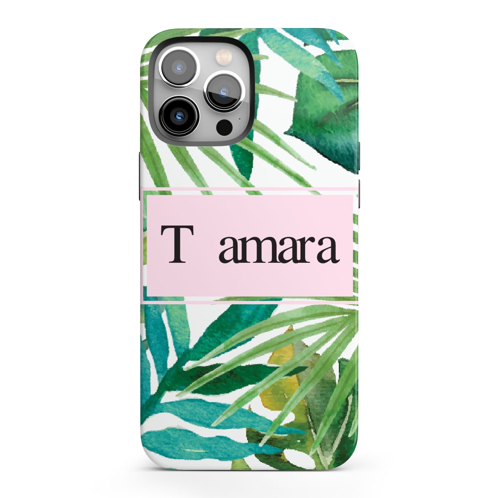 Personalised Tropical Leaf Pink Name iPhone 13 Pro Max Full Wrap 3D Tough Case
