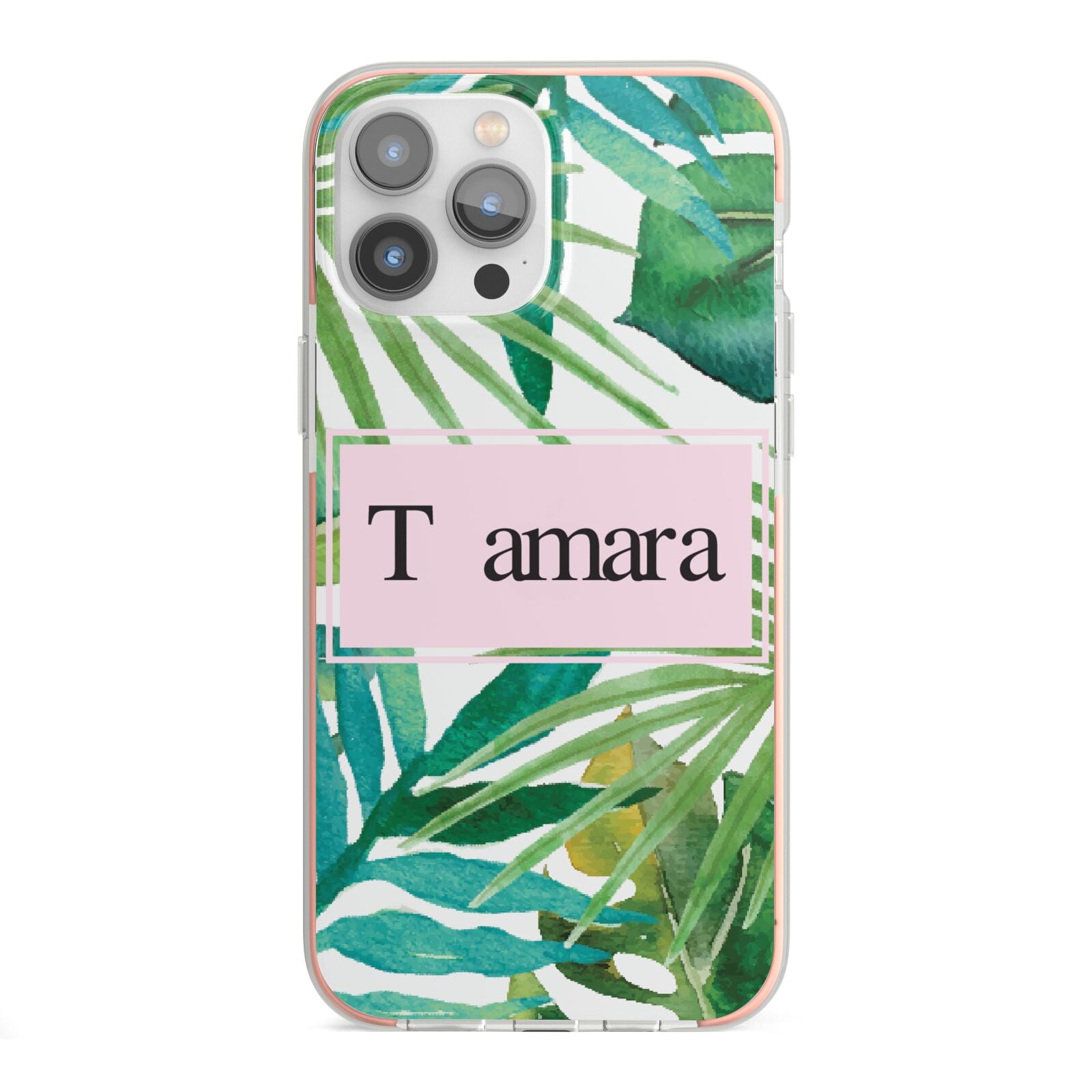 Personalised Tropical Leaf Pink Name iPhone 13 Pro Max TPU Impact Case with Pink Edges