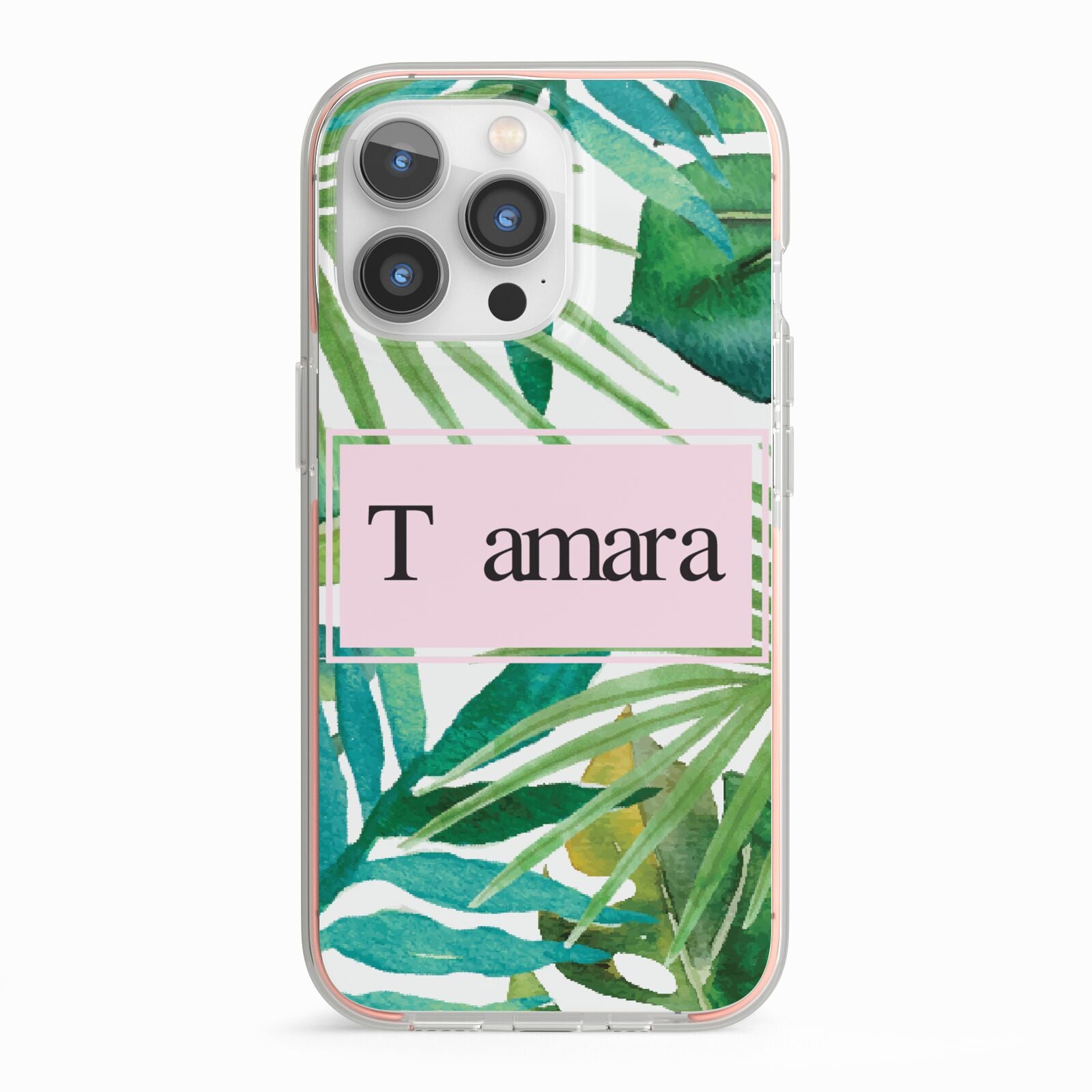 Personalised Tropical Leaf Pink Name iPhone 13 Pro TPU Impact Case with Pink Edges