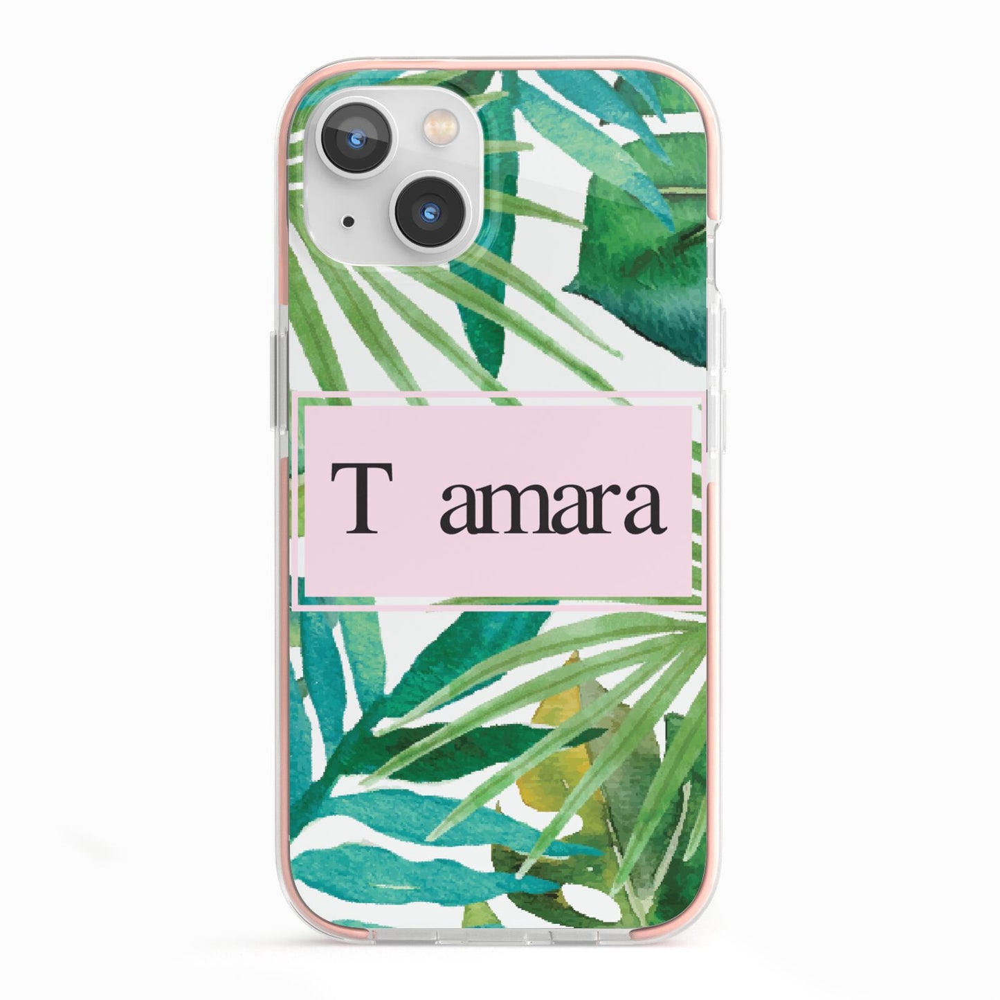 Personalised Tropical Leaf Pink Name iPhone 13 TPU Impact Case with Pink Edges