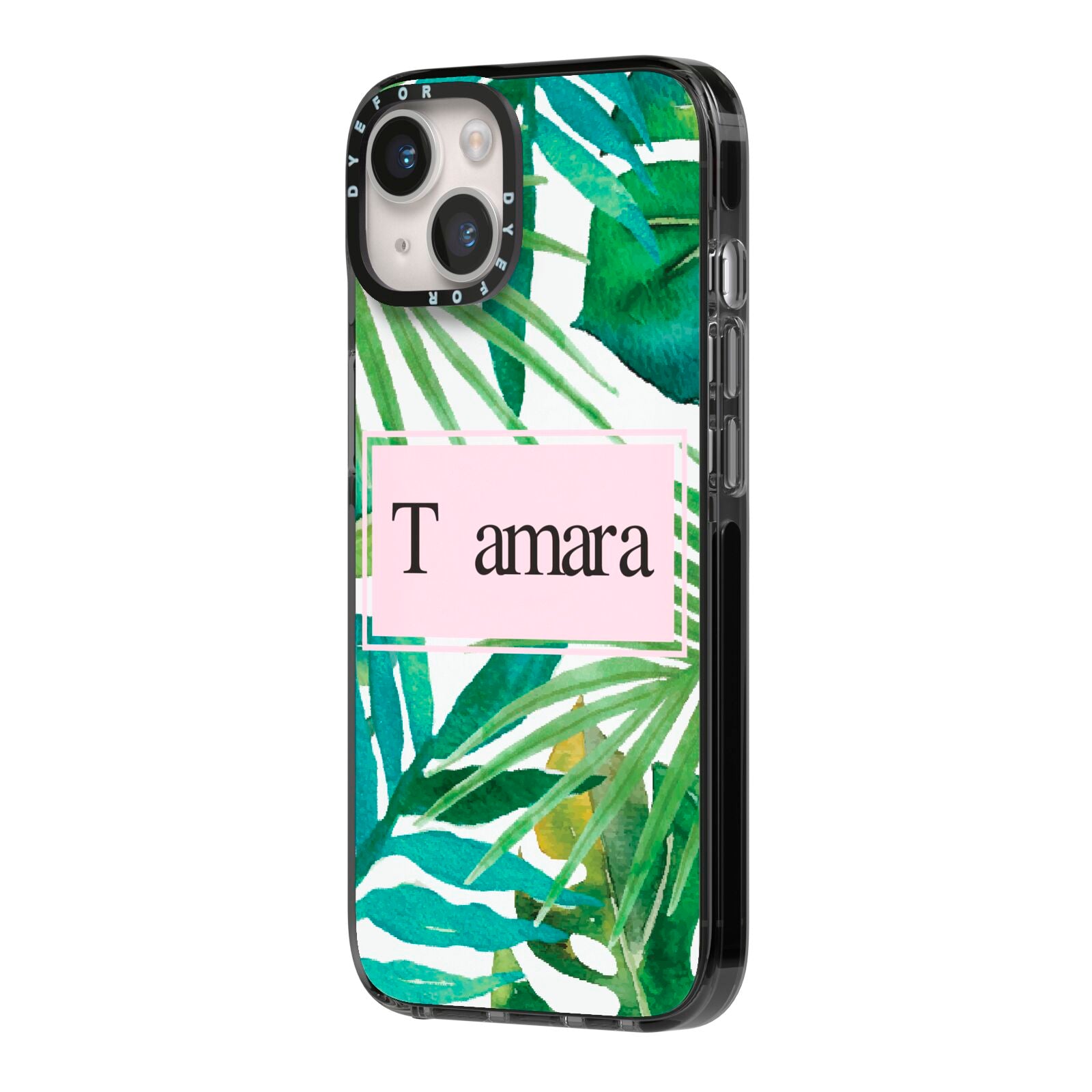 Personalised Tropical Leaf Pink Name iPhone 14 Black Impact Case Side Angle on Silver phone