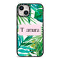Personalised Tropical Leaf Pink Name iPhone 14 Black Impact Case on Silver phone