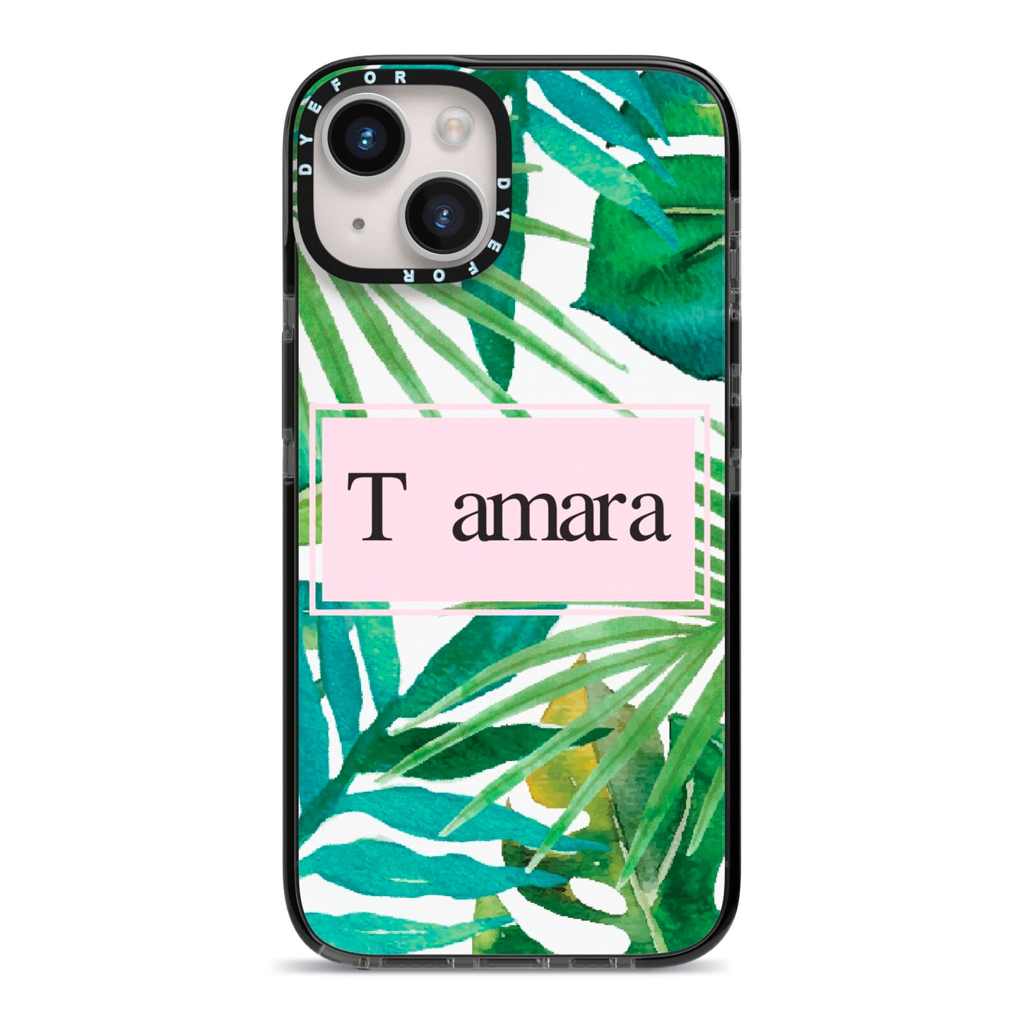 Personalised Tropical Leaf Pink Name iPhone 14 Black Impact Case on Silver phone