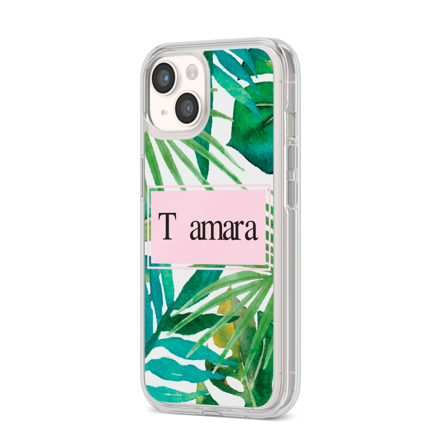 Personalised Tropical Leaf Pink Name iPhone 14 Clear Tough Case Starlight Angled Image