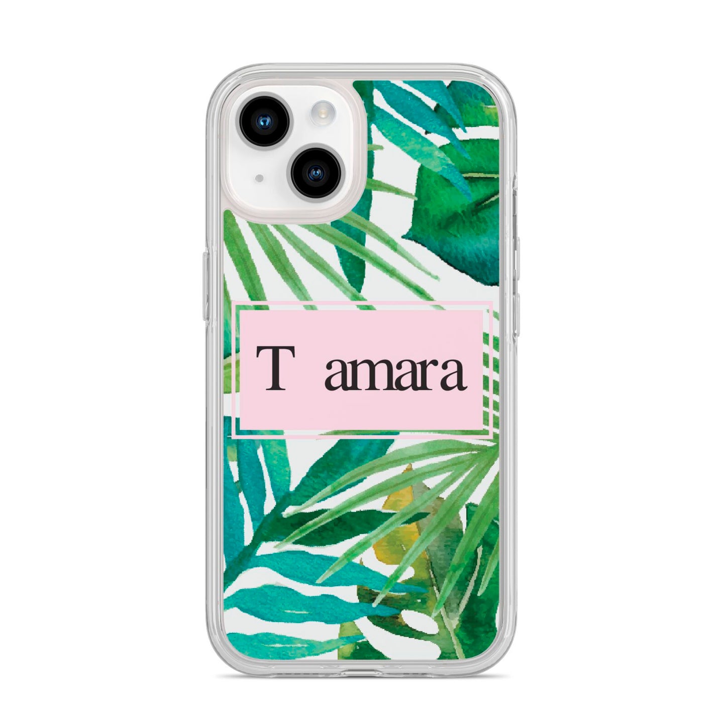 Personalised Tropical Leaf Pink Name iPhone 14 Clear Tough Case Starlight