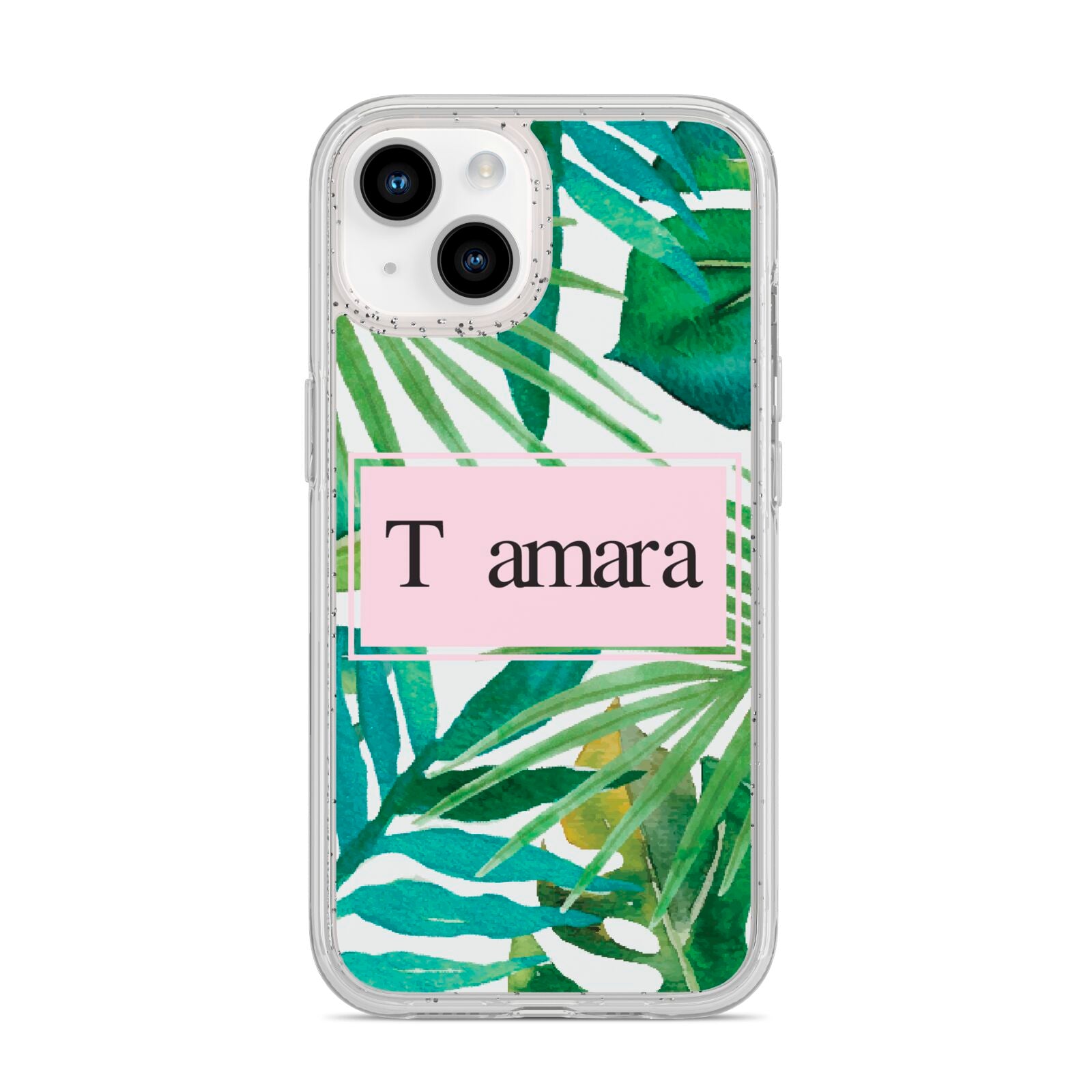 Personalised Tropical Leaf Pink Name iPhone 14 Glitter Tough Case Starlight