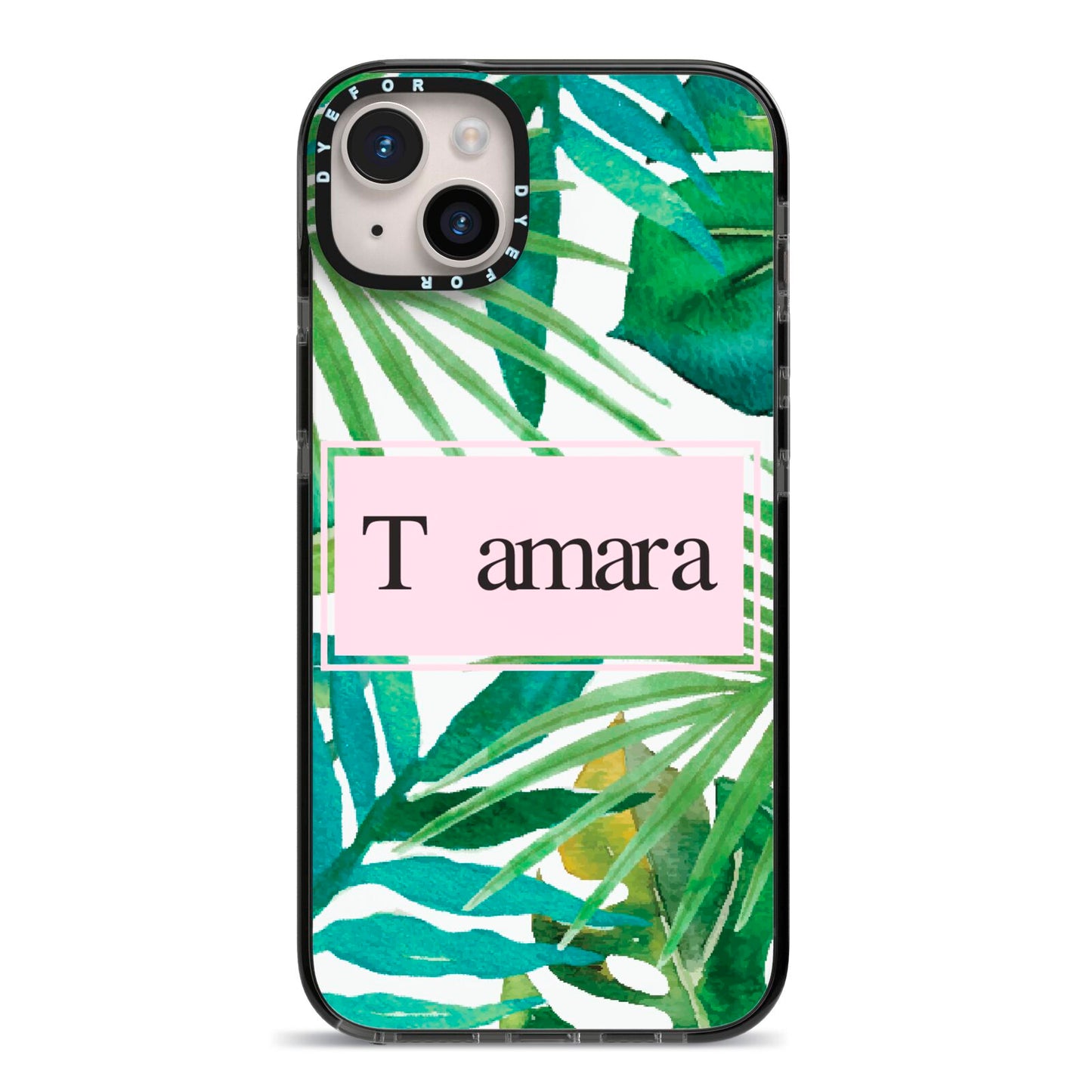 Personalised Tropical Leaf Pink Name iPhone 14 Plus Black Impact Case on Silver phone