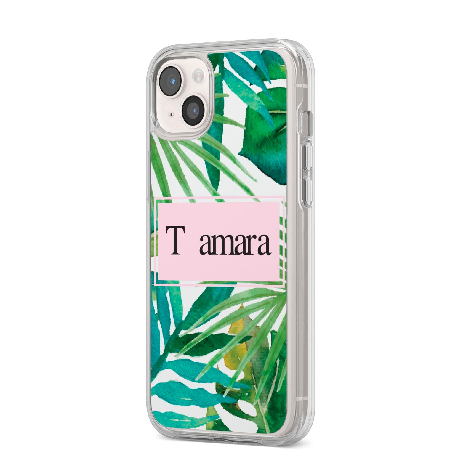 Personalised Tropical Leaf Pink Name iPhone 14 Plus Clear Tough Case Starlight Angled Image