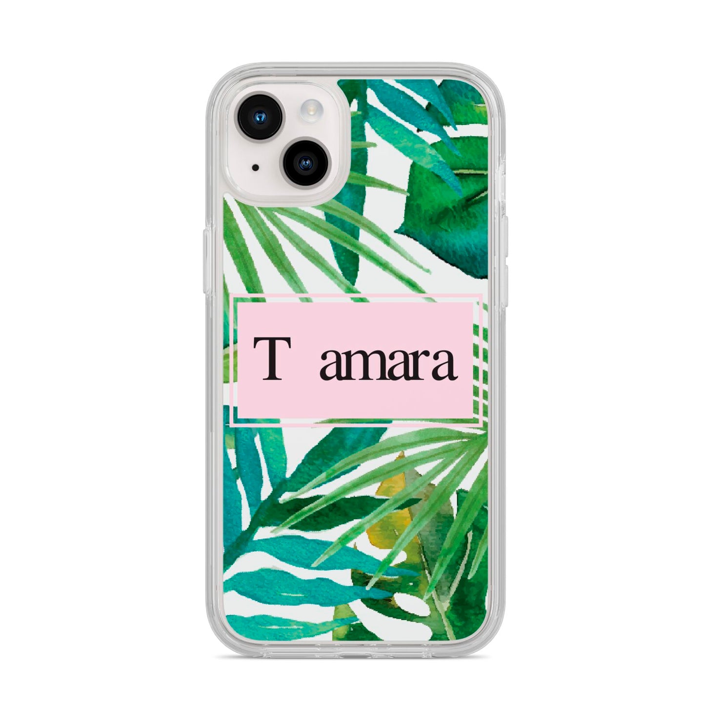 Personalised Tropical Leaf Pink Name iPhone 14 Plus Clear Tough Case Starlight