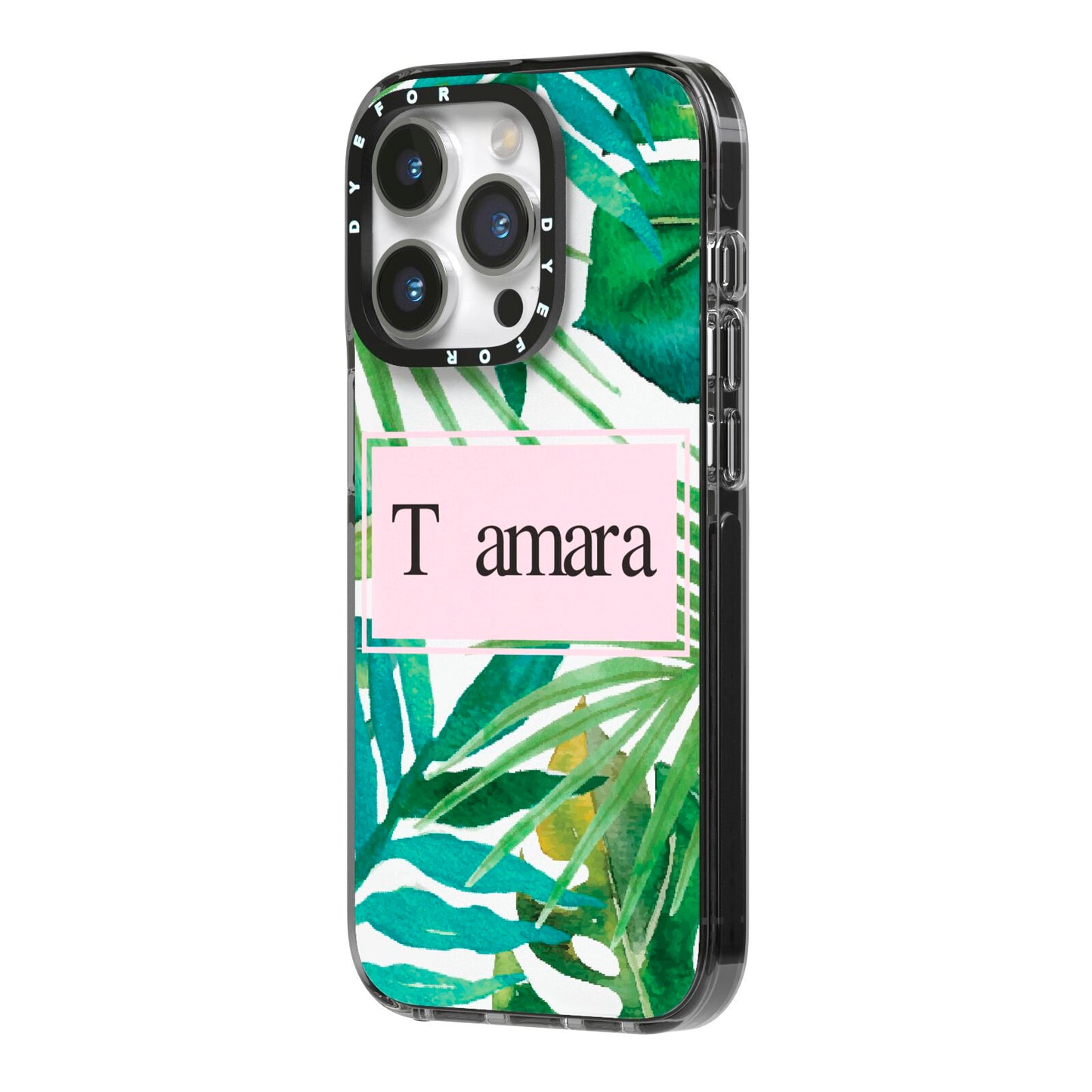 Personalised Tropical Leaf Pink Name iPhone 14 Pro Black Impact Case Side Angle on Silver phone
