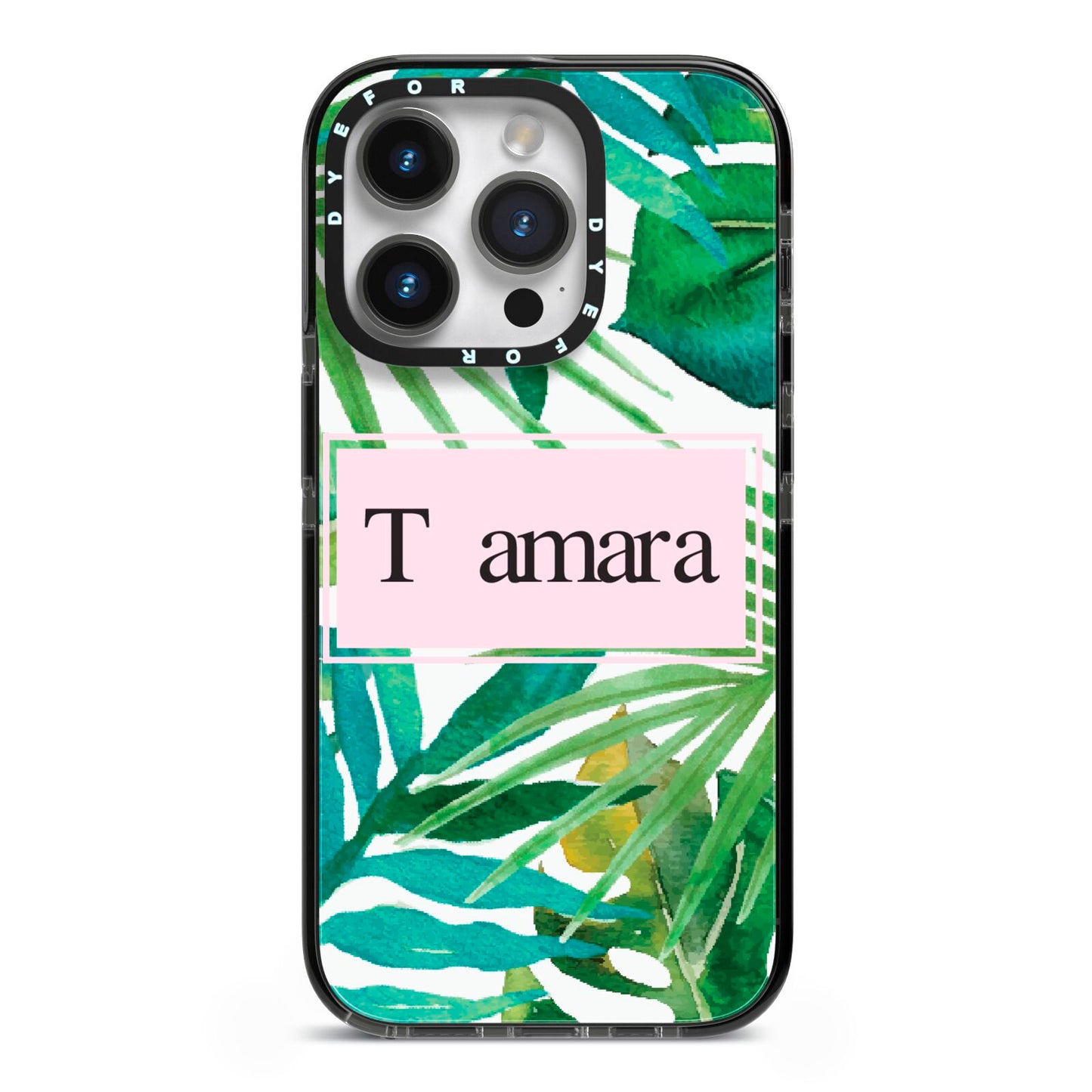 Personalised Tropical Leaf Pink Name iPhone 14 Pro Black Impact Case on Silver phone