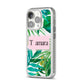 Personalised Tropical Leaf Pink Name iPhone 14 Pro Clear Tough Case Silver Angled Image