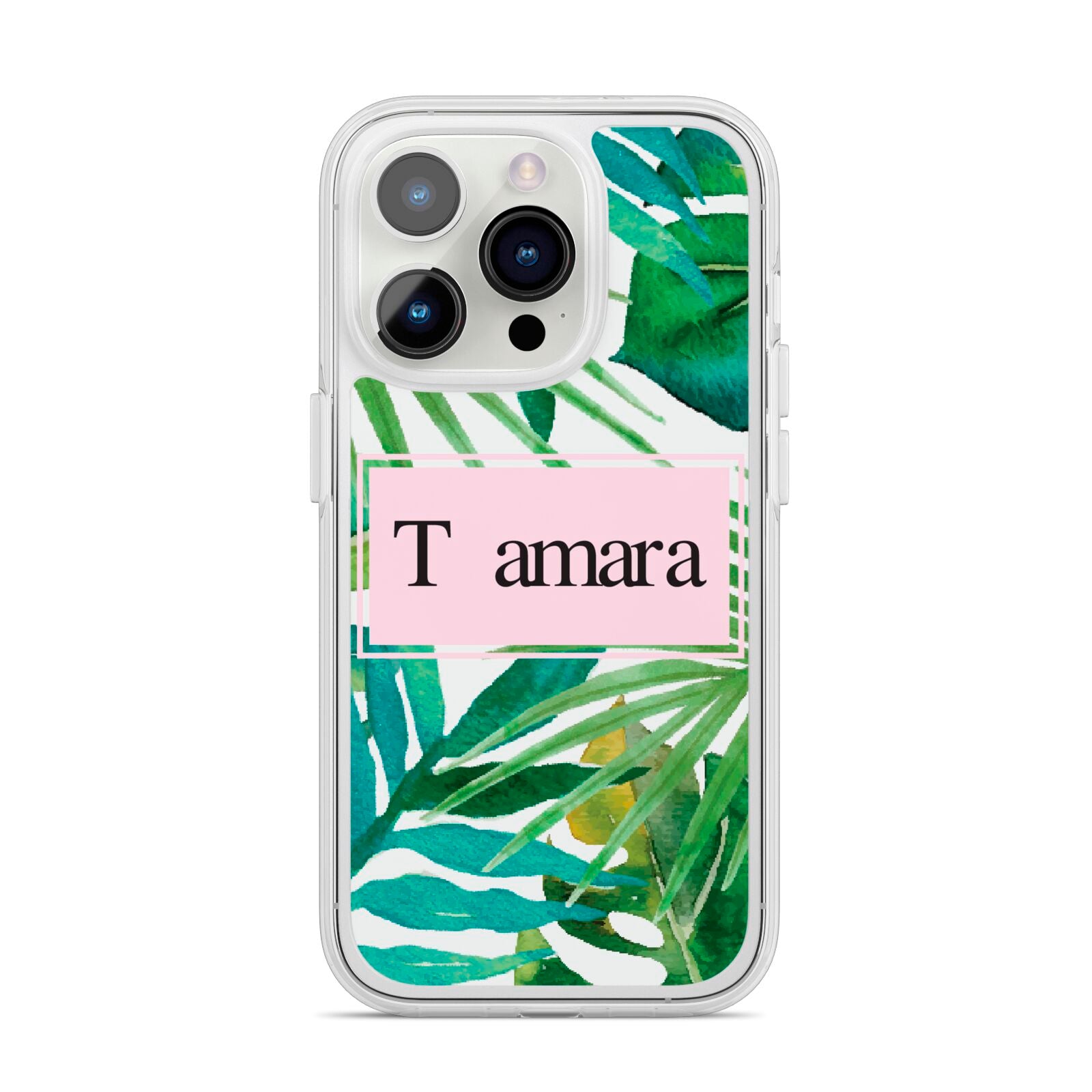 Personalised Tropical Leaf Pink Name iPhone 14 Pro Clear Tough Case Silver