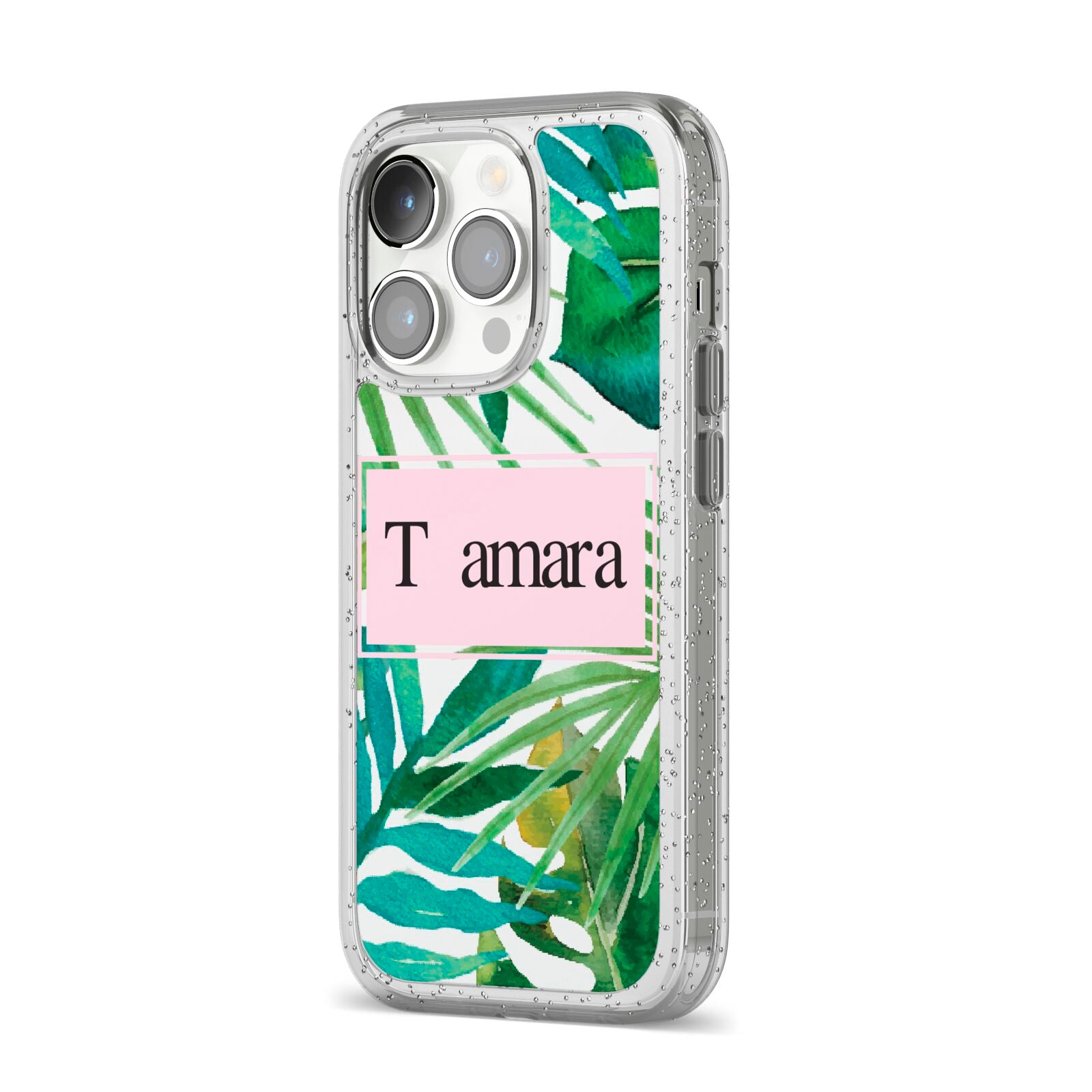 Personalised Tropical Leaf Pink Name iPhone 14 Pro Glitter Tough Case Silver Angled Image